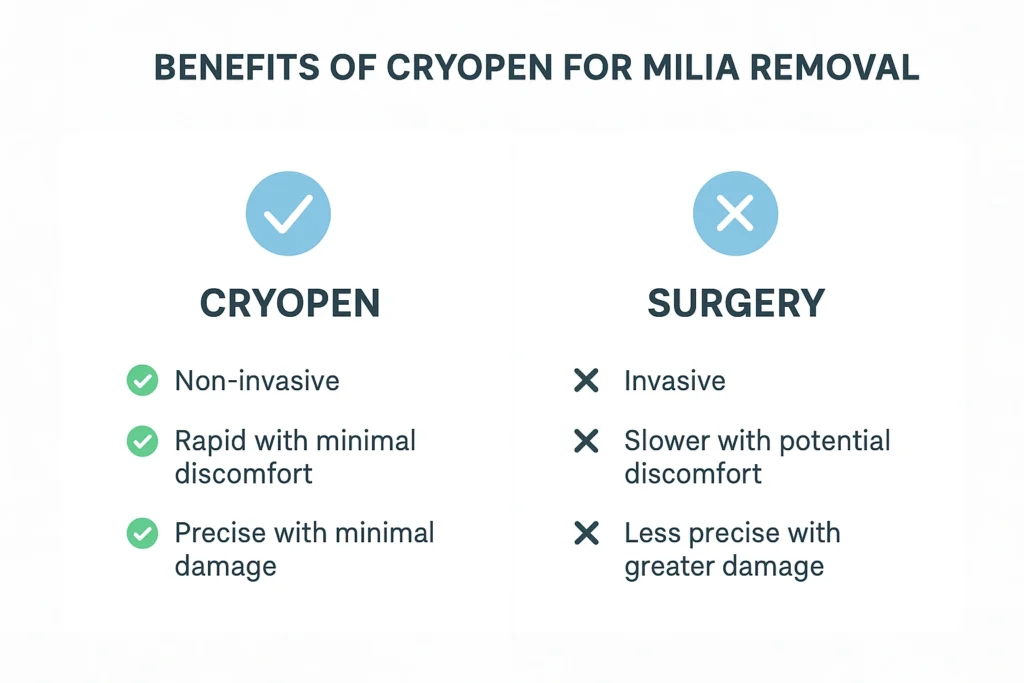 Benefits of cryopen for milia removal Greater London (Camden) compared to surgical treatments.