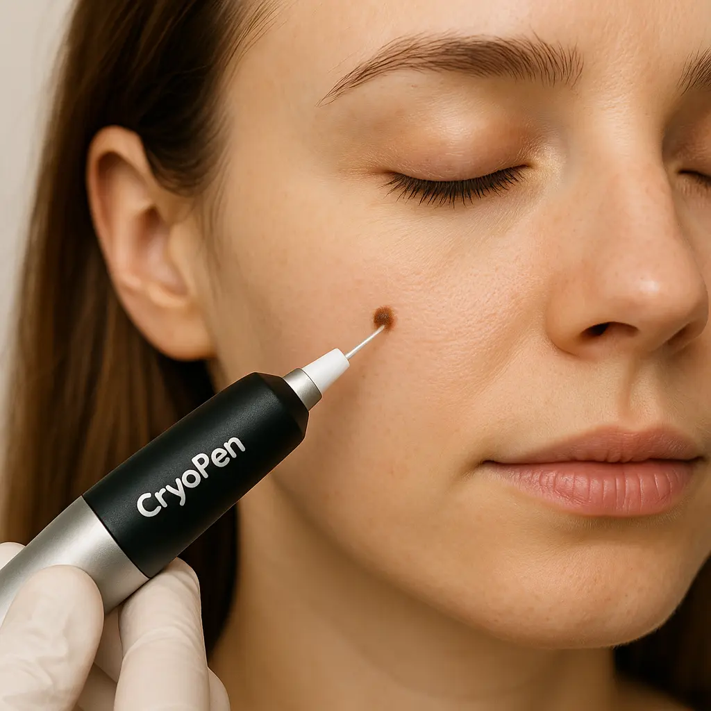woman receiving facial mole removal Greater London (Camden) using cryopen 