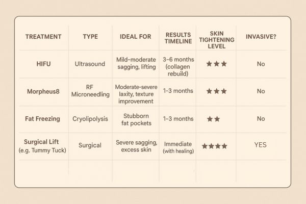 Table showing the comparisons of Skin tightening Greater London (Camden) treatment options. 